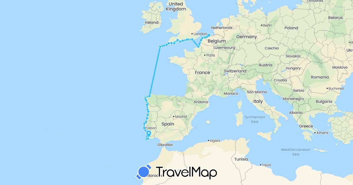 TravelMap itinerary: driving, boat in Belgium, Spain, France, United Kingdom, Portugal (Europe)